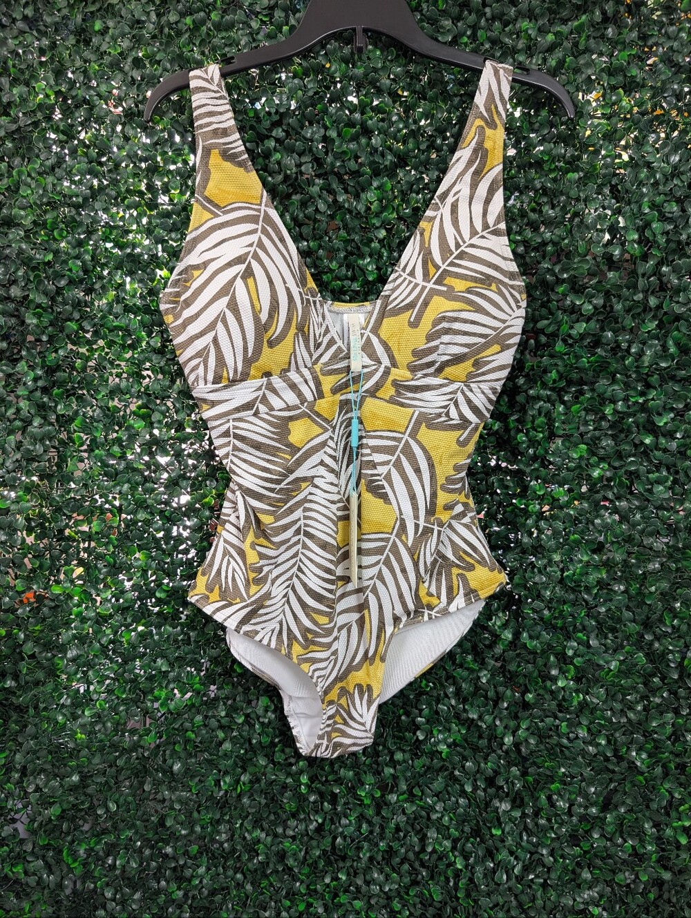 Tropical Leaf-Print Peplum One-Piece Swimsuit — Yellow & White